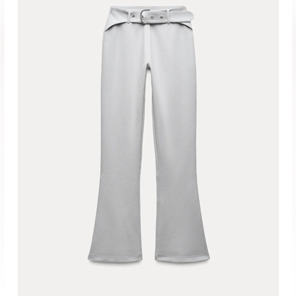 NEW ZARA BELTED FLARED INTERLOCK PANTS Light Gray Flared Pants